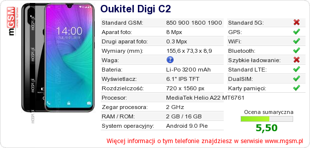 Dane telefonu Oukitel Digi C2