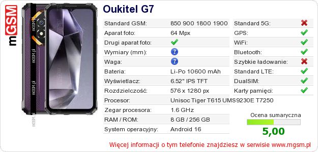 Dane telefonu Oukitel G7 Dane telefonu Oukitel G7