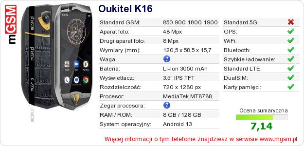 Dane telefonu Oukitel K16