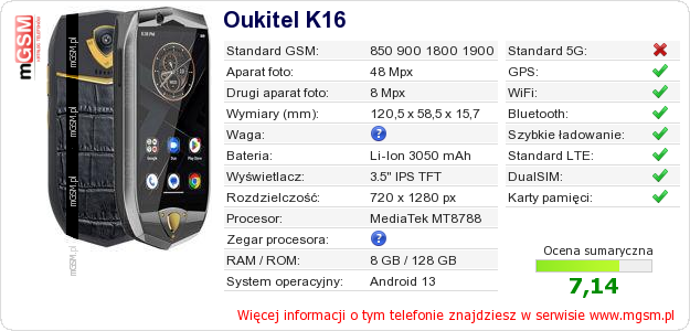 Dane telefonu Oukitel K16