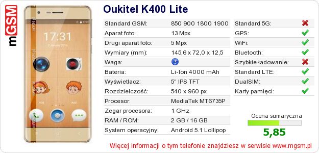 Dane telefonu Oukitel K400 Lite Dane telefonu Oukitel K400 Lite