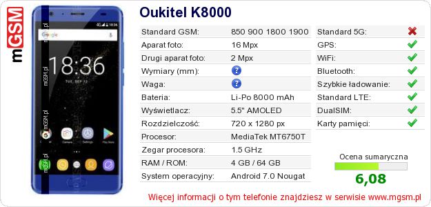 Dane telefonu Oukitel K8000 Dane telefonu Oukitel K8000