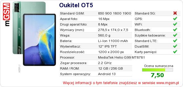 Dane telefonu Oukitel OT5 Dane telefonu Oukitel OT5