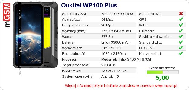 Dane telefonu Oukitel WP100 Plus Dane telefonu Oukitel WP100 Plus