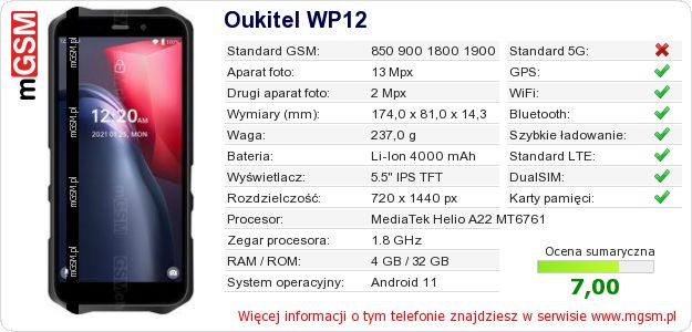 Dane telefonu Oukitel WP12