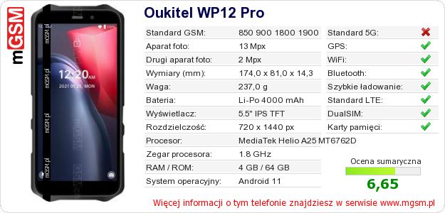 Dane telefonu Oukitel WP12 Pro
