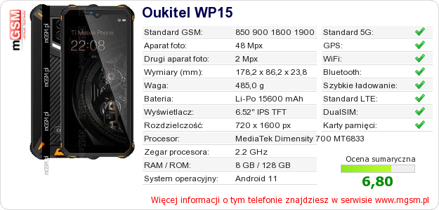 Dane telefonu Oukitel WP15 Dane telefonu Oukitel WP15