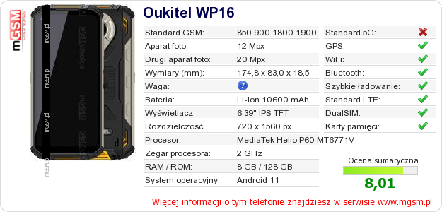 Dane telefonu Oukitel WP16 Dane telefonu Oukitel WP16