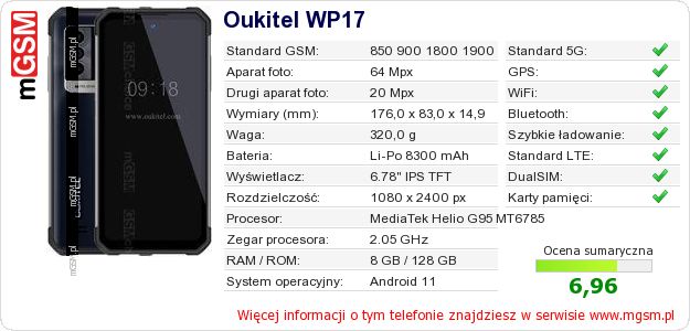 Dane telefonu Oukitel WP17