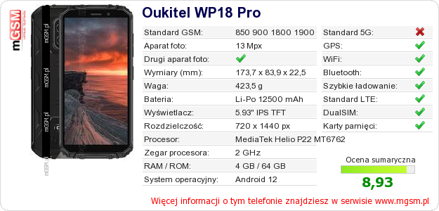 Dane telefonu Oukitel WP18 Pro Dane telefonu Oukitel WP18 Pro