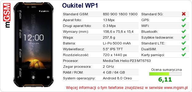 Dane telefonu Oukitel WP1 Dane telefonu Oukitel WP1