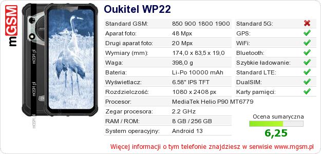 Dane telefonu Oukitel WP22 Dane telefonu Oukitel WP22