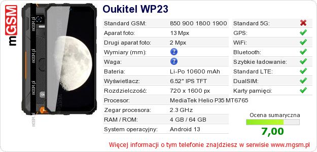 Dane telefonu Oukitel WP23