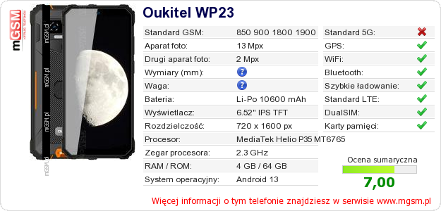 Dane telefonu Oukitel WP23 Dane telefonu Oukitel WP23