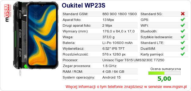 Dane telefonu Oukitel WP23S