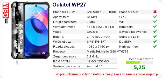 Dane telefonu Oukitel WP27