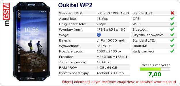 Dane telefonu Oukitel WP2