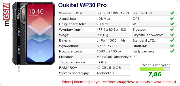 Dane telefonu Oukitel WP30 Pro Dane telefonu Oukitel WP30 Pro