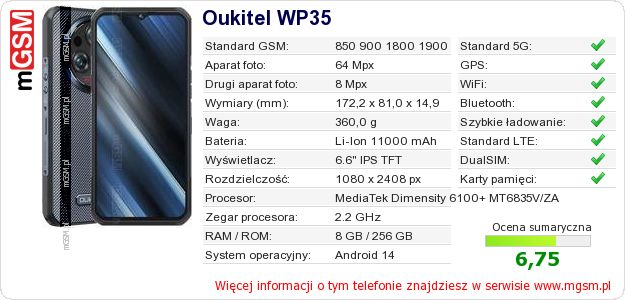 Dane telefonu Oukitel WP35 Dane telefonu Oukitel WP35