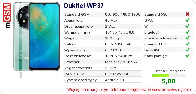 Dane telefonu Oukitel WP37