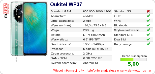 Dane telefonu Oukitel WP37