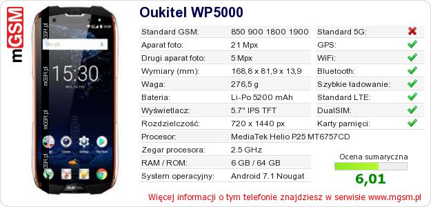 Dane telefonu Oukitel WP5000 Dane telefonu Oukitel WP5000