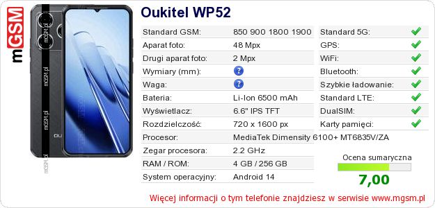 Dane telefonu Oukitel WP52