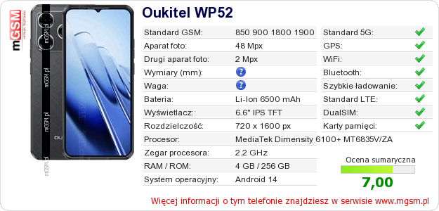 Dane telefonu Oukitel WP52