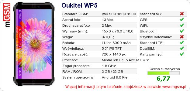 Dane telefonu Oukitel WP5 Dane telefonu Oukitel WP5