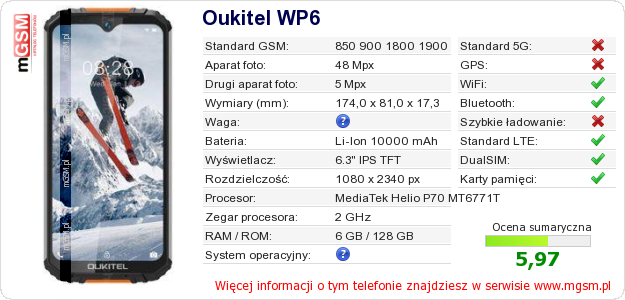 Dane telefonu Oukitel WP6 Dane telefonu Oukitel WP6