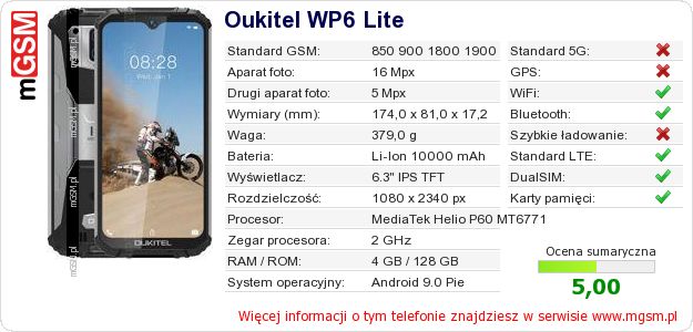 Dane telefonu Oukitel WP6 Lite Dane telefonu Oukitel WP6 Lite