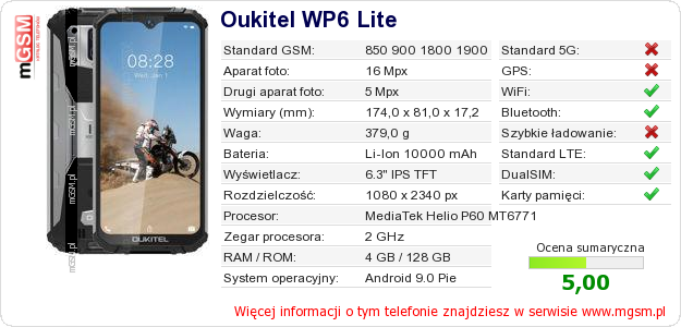 Dane telefonu Oukitel WP6 Lite Dane telefonu Oukitel WP6 Lite