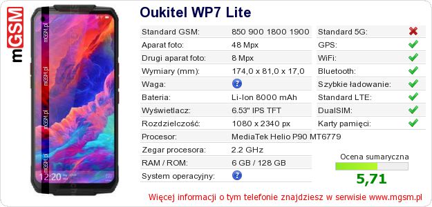 Dane telefonu Oukitel WP7 Lite