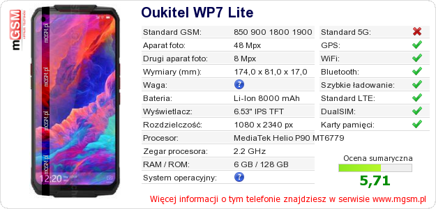 Dane telefonu Oukitel WP7 Lite