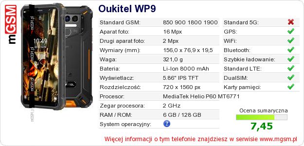 Dane telefonu Oukitel WP9 Dane telefonu Oukitel WP9