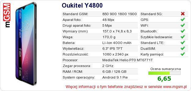 Dane telefonu Oukitel Y4800 Dane telefonu Oukitel Y4800