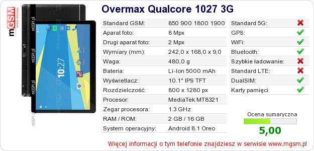 Dane telefonu Overmax Qualcore 1027 3G Dane telefonu Overmax Qualcore 1027 3G