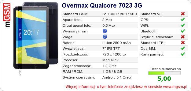 Dane telefonu Overmax Qualcore 7023 3G