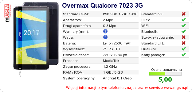 Dane telefonu Overmax Qualcore 7023 3G