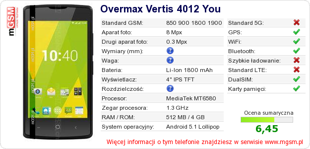 Dane telefonu Overmax Vertis 4012 You