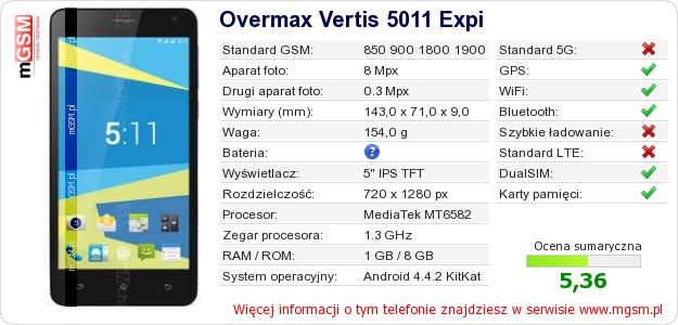 Dane telefonu Overmax Vertis 5011 Expi