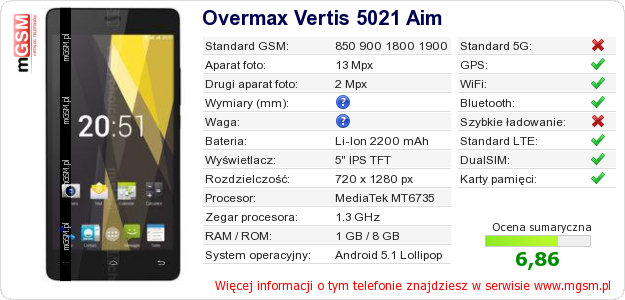 Dane telefonu Overmax Vertis 5021 Aim Dane telefonu Overmax Vertis 5021 Aim