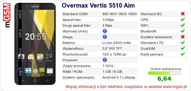 Dane telefonu Overmax Vertis 5510 Aim