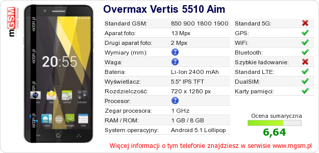 Dane telefonu Overmax Vertis 5510 Aim