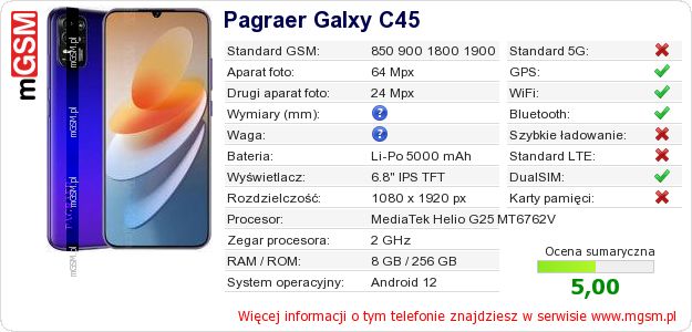 Dane telefonu Pagraer Galxy C45 Dane telefonu Pagraer Galxy C45