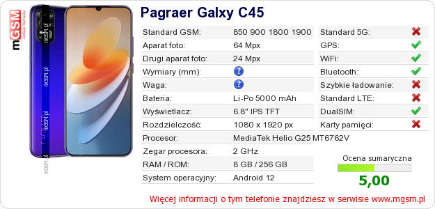 Dane telefonu Pagraer Galxy C45