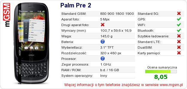 Dane telefonu Palm Pre 2 Dane telefonu Palm Pre 2