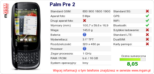 Dane telefonu Palm Pre 2