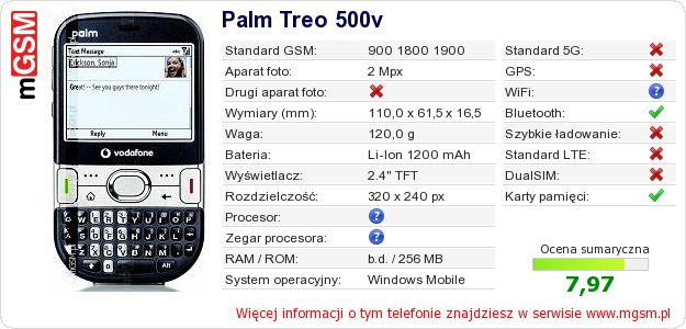 Dane telefonu Palm Treo 500v