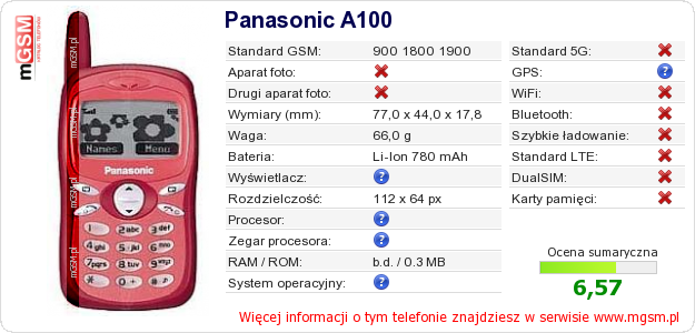 Dane telefonu Panasonic A100